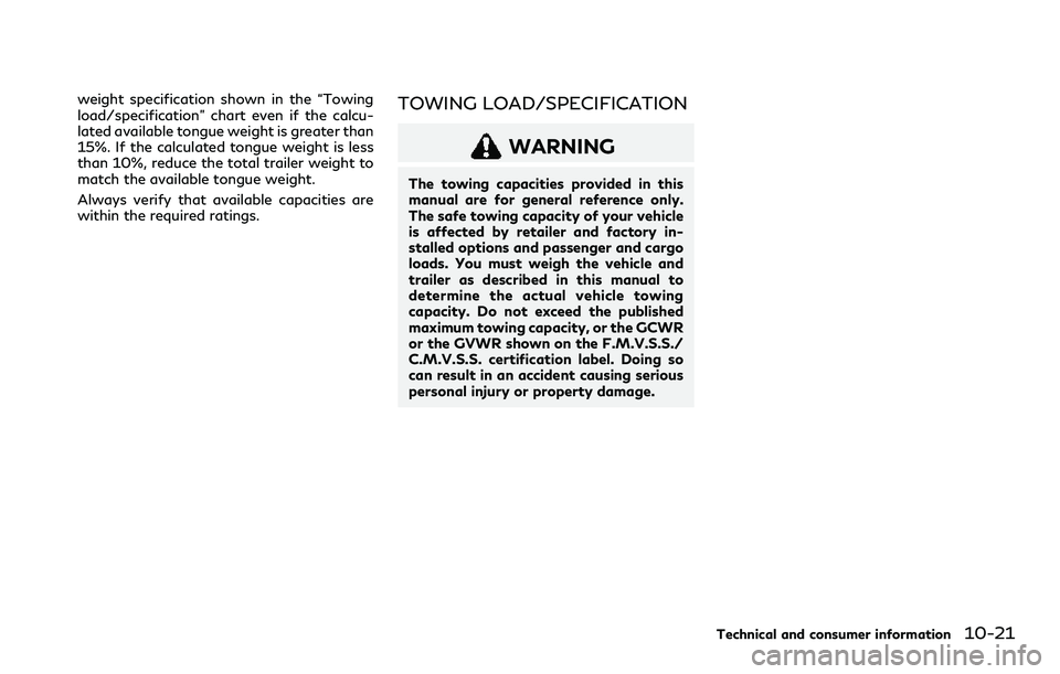 INFINITI QX80 2020 Repair Manual weight specification shown in the “Towing
load/specification” chart even if the calcu-
lated available tongue weight is greater than
15%. If the calculated tongue weight is less
than 10%, reduce t INFINITI QX80 2020 Repair Manual weight specification shown in the “Towing
load/specification” chart even if the calcu-
lated available tongue weight is greater than
15%. If the calculated tongue weight is less
than 10%, reduce t