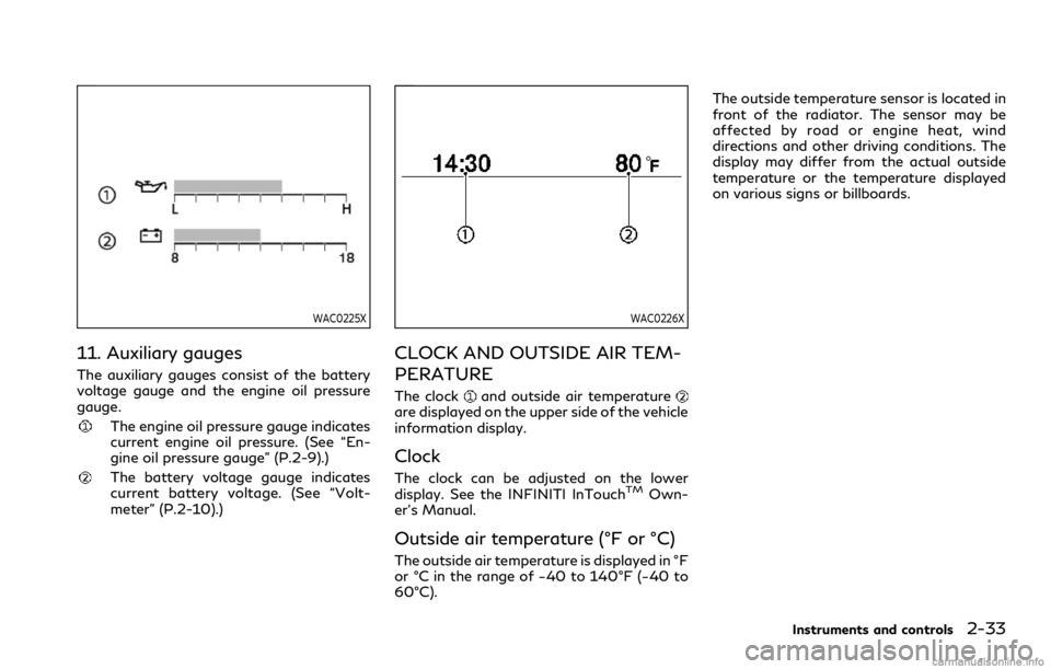 INFINITI QX80 2021 Owners Guide WAC0225X
11. Auxiliary gauges
The auxiliary gauges consist of the battery
voltage gauge and the engine oil pressure
gauge.
The engine oil pressure gauge indicates
current engine oil pressure. (See “