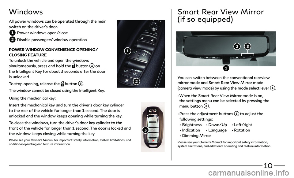 INFINITI QX80 2021  Quick Reference Guide 10
All power windows can be operated through the main 
switch on the driver’s door.
 Power windows open/close
  Disable passengers’ window operation
POWER WINDOW CONVENIENCE OPENING/
CLOSING FEATU