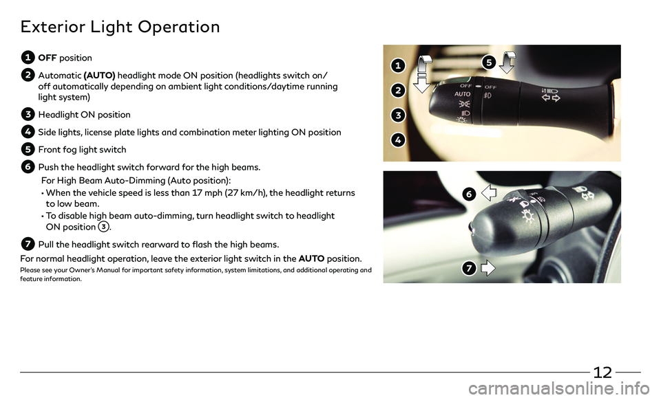 INFINITI QX80 2021  Quick Reference Guide 12
  OFF position
  Automatic (AUTO) headlight mode ON position (headlights switch on/
off automatically depending on ambient light conditions/daytime running 
light system)
  Headlight ON position
  