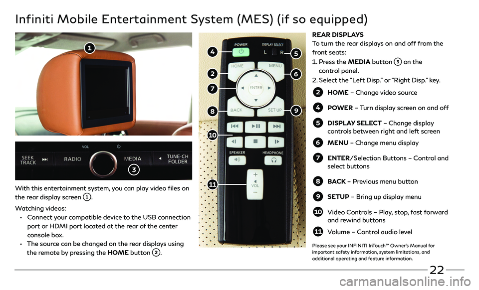 INFINITI QX80 2021  Quick Reference Guide 22
Infiniti Mobile Entertainment System (MES) (if so equipped)
With this entertainment system, you can play video files on 
the rear display screen 
.
Watching videos:
 •   Connect your compatible d