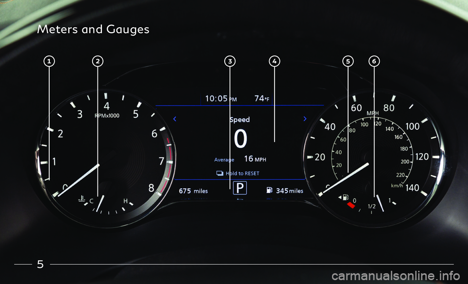 INFINITI QX80 2021 Quick Reference Guide 5
Meters and Gauges INFINITI QX80 2021 Quick Reference Guide 5
Meters and Gauges