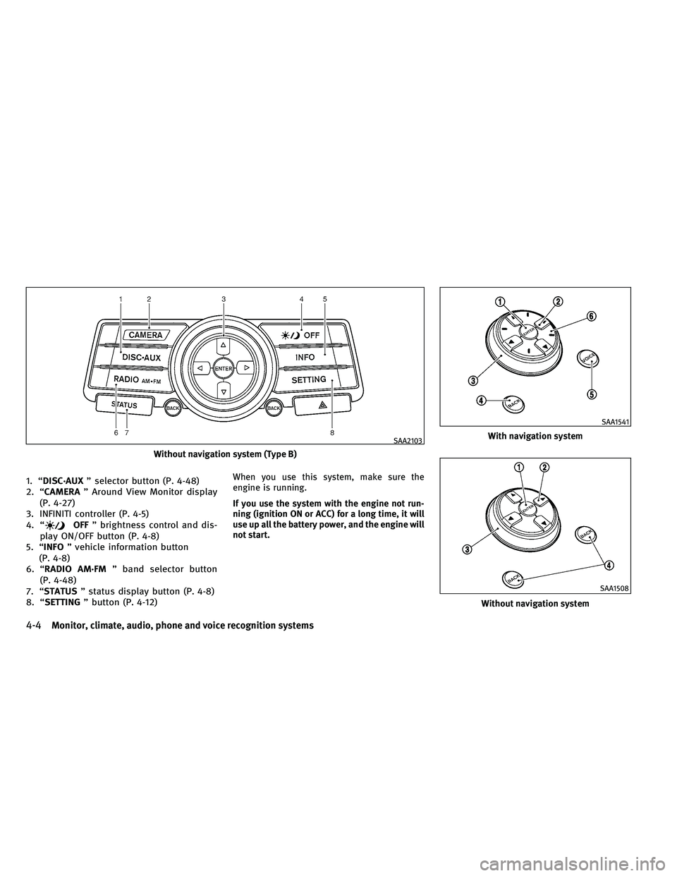 INFINITI EX 2011  Owners Manual 1. “DISC·AUX” selector button (P. 4-48)
2. “CAMERA ” Around View Monitor display
(P. 4-27)
3. INFINITI controller (P. 4-5)
4. “
OFF ” brightness control and dis-
play ON/OFF button (P. 4-