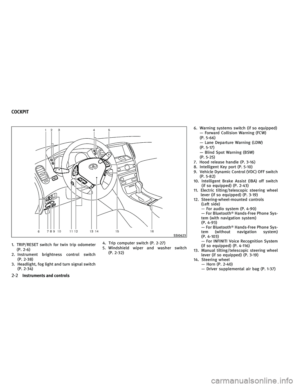 INFINITI EX 2011  Owners Manual 1. TRIP/RESET switch for twin trip odometer(P. 2-6)
2. Instrument brightness control switch (P. 2-38)
3. Headlight, fog light and turn signal switch (P. 2-34) 4. Trip computer switch (P. 2-27)
5. Wind