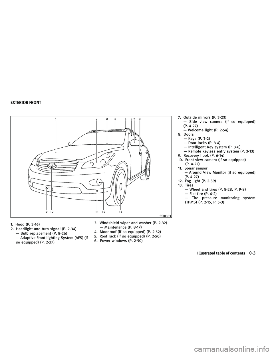 INFINITI EX 2011  Owners Manual 1. Hood (P. 3-16)
2. Headlight and turn signal (P. 2-34)— Bulb replacement (P. 8-26)
— Adaptive Front lighting System (AFS) (if
so equipped) (P. 2-37) 3. Windshield wiper and washer (P. 2-32)
— 