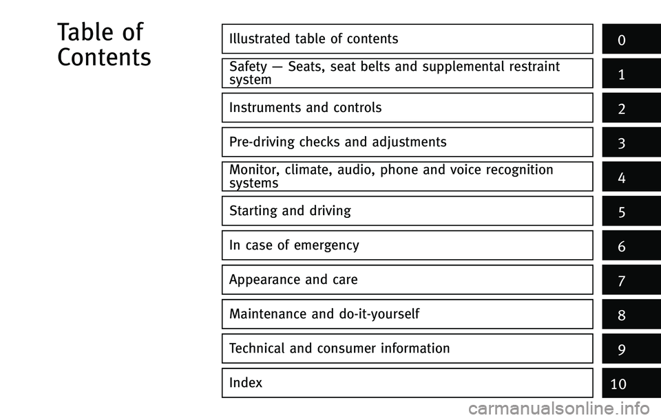 INFINITI EX 2012  Owners Manual Illustrated table of contents 