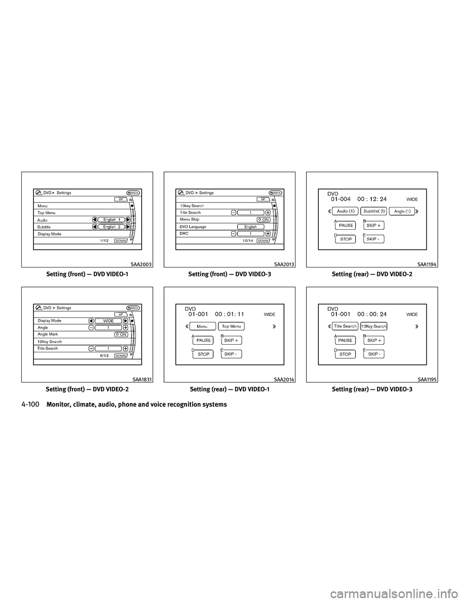 INFINITI FX 2010  Owners Manual Setting (front) — DVD VIDEO-1
SAA2003
Setting (front) — DVD VIDEO-2
SAA1831
Setting (front) — DVD VIDEO-3
SAA2013
Setting (rear) — DVD VIDEO-1
SAA2014
Setting (rear) — DVD VIDEO-2
SAA1194
Se