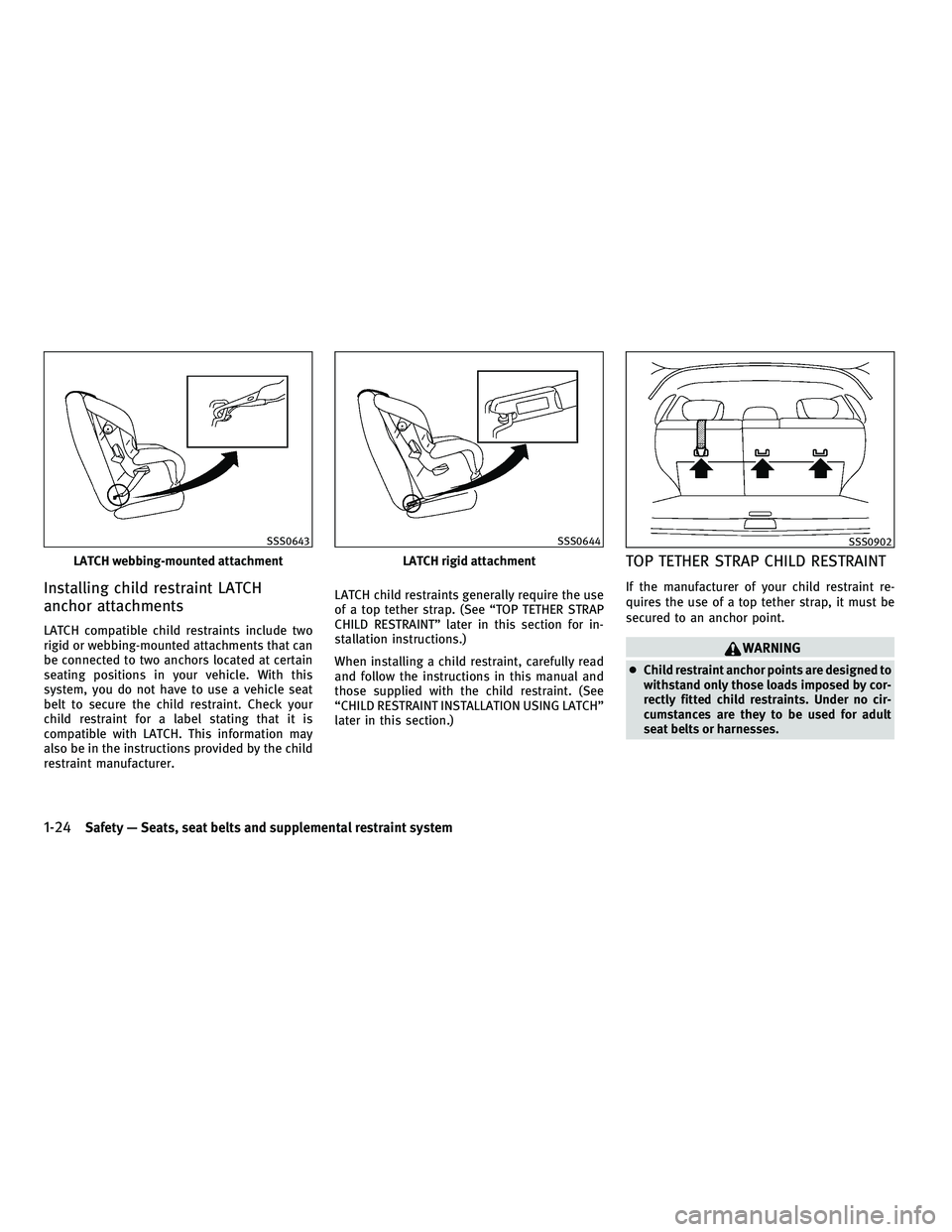 INFINITI FX 2010 Service Manual Installing child restraint LATCH
anchor attachments
LATCH compatible child restraints include two
rigid or webbing-mounted attachments that can
be connected to two anchors located at certain
seating p INFINITI FX 2010 Service Manual Installing child restraint LATCH
anchor attachments
LATCH compatible child restraints include two
rigid or webbing-mounted attachments that can
be connected to two anchors located at certain
seating p