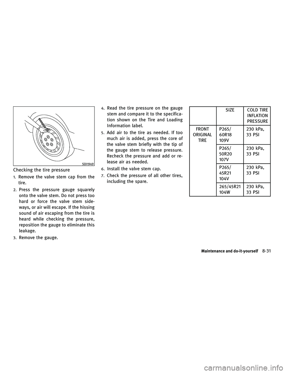 INFINITI FX 2010  Owners Manual Checking the tire pressure
1.Remove the valve stem cap from the
tire.
2.Press the pressure gauge squarely
onto the valve stem. Do not press too
hard or force the valve stem side-
ways, or air will esc