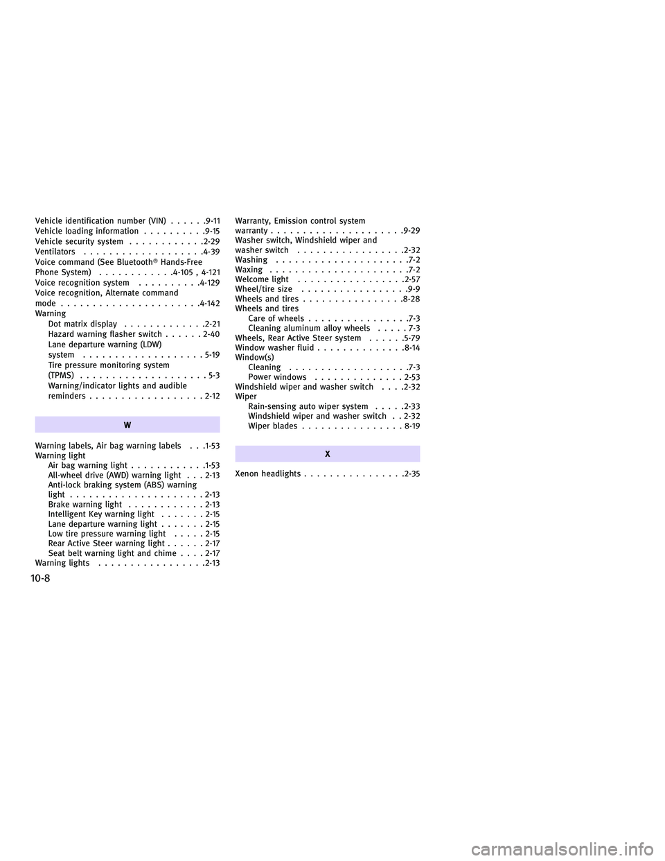 INFINITI FX 2010  Owners Manual Vehicle identification number (VIN)......9-11
Vehicle loading information ..........9-15
Vehicle security system ............2-29
Ventilators .................. .4-39
Voice command (See Bluetooth Han