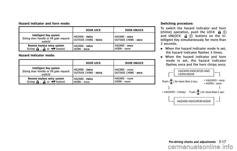 INFINITI FX 2012  Owners Manual Hazard indicator and horn mode:
DOOR LOCKDOOR UNLOCK
Intelligent Key system
(Using door handle or lift gate request switch) HAZARD -
twice
OUTSIDE CHIME - twiceHAZARD -
once
OUTSIDE CHIME - once
Remot