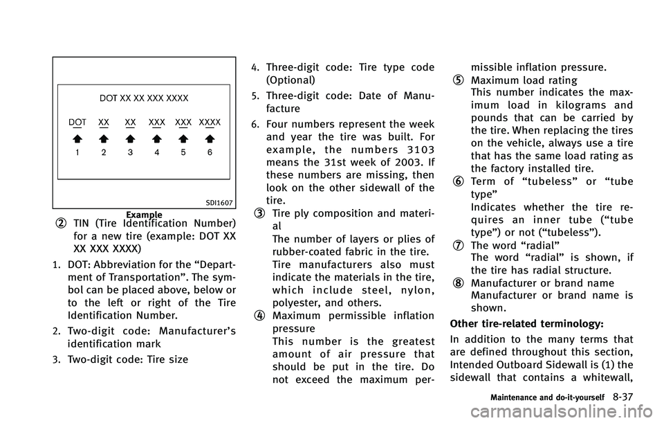 INFINITI FX 2012 Owners Manual SDI1607
Example*2TIN (Tire Identification Number)
for a new tire (example: DOT XX
XX XXX XXXX)
1.DOT: Abbreviation for the“Depart-
ment of Transportation”. The sym-
bol can be placed above, below INFINITI FX 2012 Owners Manual SDI1607
Example*2TIN (Tire Identification Number)
for a new tire (example: DOT XX
XX XXX XXXX)
1.DOT: Abbreviation for the“Depart-
ment of Transportation”. The sym-
bol can be placed above, below