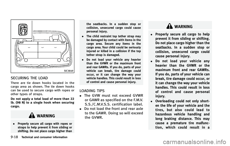 INFINITI FX 2012 Owners Manual 9-18Technical and consumer information
SIC3849
SECURING THE LOAD
There are tie down hooks located in the
cargo area as shown. The tie down hooks
can be used to secure cargo with ropes or
other types o INFINITI FX 2012 Owners Manual 9-18Technical and consumer information
SIC3849
SECURING THE LOAD
There are tie down hooks located in the
cargo area as shown. The tie down hooks
can be used to secure cargo with ropes or
other types o