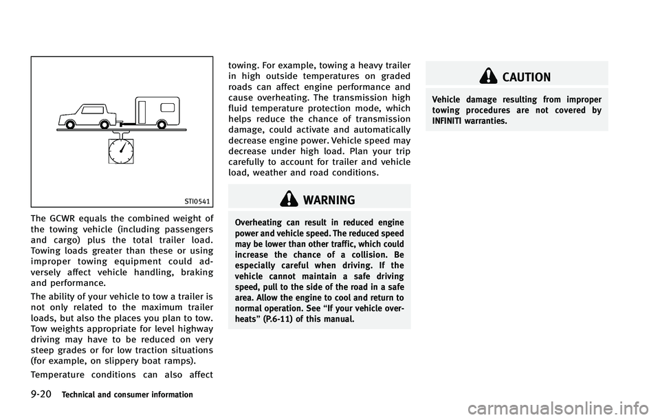 INFINITI FX 2012  Owners Manual 9-20Technical and consumer information
STI0541
The GCWR equals the combined weight of
the towing vehicle (including passengers
and cargo) plus the total trailer load.
Towing loads greater than these o