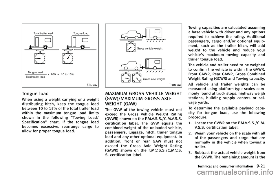 INFINITI FX 2012 Owners Manual STI0542
Tongue load
When using a weight carrying or a weight
distributing hitch, keep the tongue load
between 10 to 15% of the total trailer load
within the maximum tongue load limits
shown in the fol INFINITI FX 2012 Owners Manual STI0542
Tongue load
When using a weight carrying or a weight
distributing hitch, keep the tongue load
between 10 to 15% of the total trailer load
within the maximum tongue load limits
shown in the fol