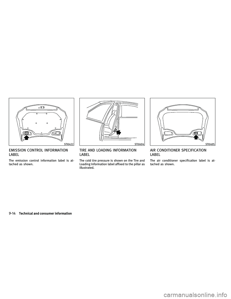 INFINITI G 2011  Owners Manual EMISSION CONTROL INFORMATION
LABEL
The emission control information label is at-
tached as shown.
TIRE AND LOADING INFORMATION
LABEL
The cold tire pressure is shown on the Tire and
Loading Information