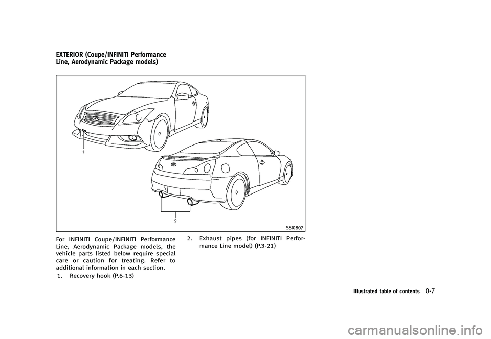 INFINITI G 2012 User Guide Black plate (13,1)
[ Edit: 2012/ 1/ 17 Model: V36-D ]
GUID-1E4F0232-4B12-4B79-8147-982513185A8C
SSI0807
For INFINITI Coupe/INFINITI Performance
Line, Aerodynamic Package models, the
vehicle parts list