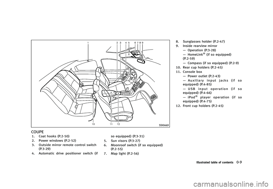 INFINITI G 2012  Owners Manual Black plate (15,1)
[ Edit: 2012/ 1/ 17 Model: V36-D ]
SSI0669
COUPEGUID-3662A08E-793C-483E-8FA6-41A69FDC65AC1. Coat hooks (P.2-50)
2. Power windows (P.2-52)
3. Outside mirror remote control switch(P.3