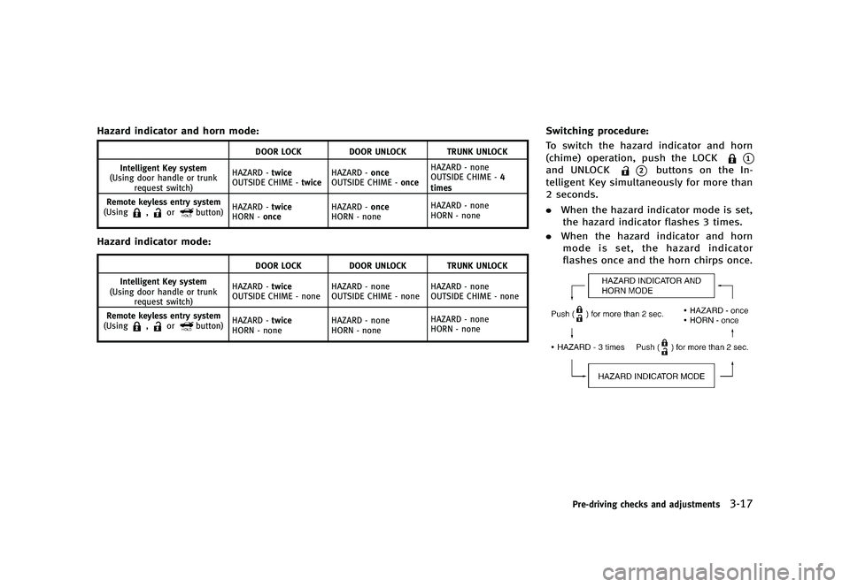 INFINITI G 2012  Owners Manual Black plate (159,1)
[ Edit: 2012/ 1/ 17 Model: V36-D ]
Hazard indicator and horn mode:GUID-D73A39BF-43C8-459F-9C24-47B7F579C407
DOOR LOCKDOOR UNLOCK TRUNK UNLOCK
Intelligent Key system
(Using door han