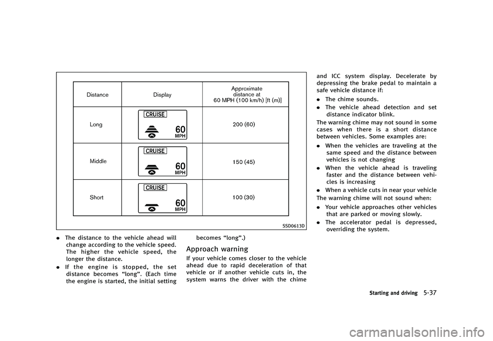 INFINITI G 2012 Repair Manual Black plate (357,1)
[ Edit: 2012/ 1/ 17 Model: V36-D ]
SSD0613D
.The distance to the vehicle ahead will
change according to the vehicle speed.
The higher the vehicle speed, the
longer the distance.
. 