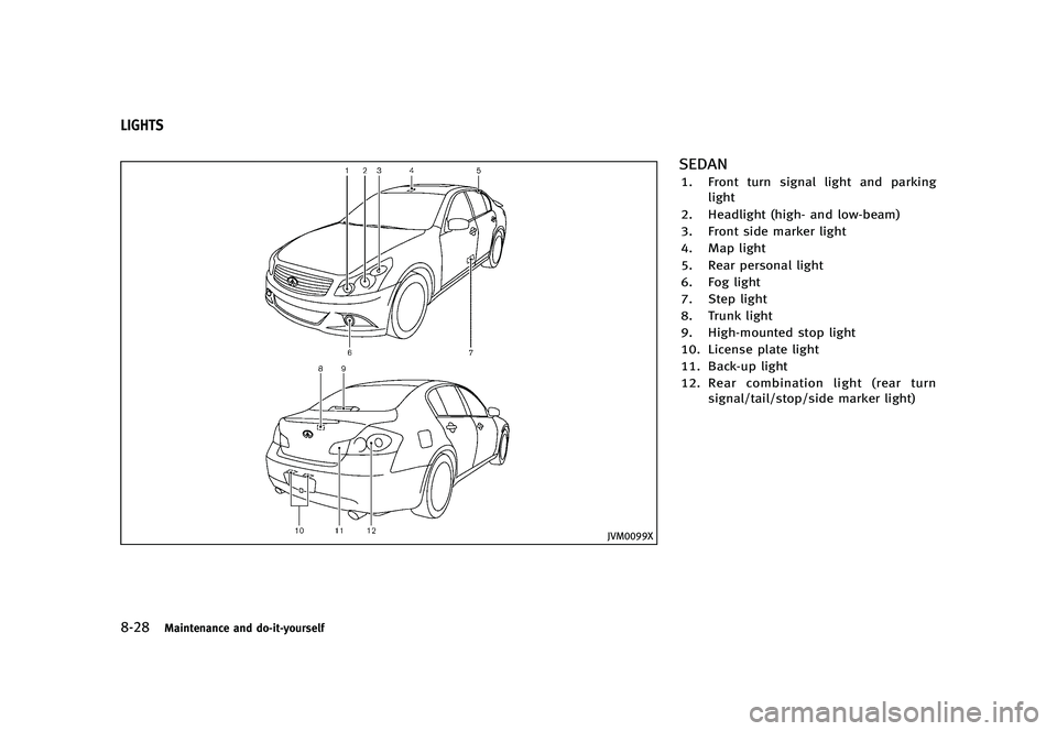 INFINITI G 2012  Owners Manual Black plate (434,1)
[ Edit: 2012/ 1/ 17 Model: V36-D ]
8-28Maintenance and do-it-yourself
GUID-CC43F1E0-CD84-4C89-AE76-E3BF74F58A31
JVM0099X
SEDANGUID-DC499FCB-C993-49FE-B186-4299E70AF7631. Front turn