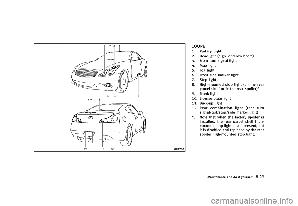 INFINITI G 2012  Owners Manual Black plate (435,1)
[ Edit: 2012/ 1/ 17 Model: V36-D ]
SDI2702
COUPEGUID-0388FA1F-19E7-4691-88ED-9037CE2CE37C1. Parking light
2. Headlight (high- and low-beam)
3. Front turn signal light
4. Map light
