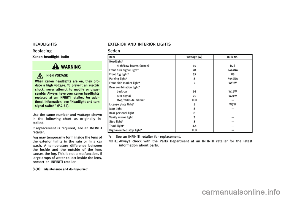 INFINITI G 2012  Owners Manual Black plate (436,1)
[ Edit: 2012/ 1/ 17 Model: V36-D ]
8-30Maintenance and do-it-yourself
HEADLIGHTSGUID-2C37EBF3-FE69-4D64-AE03-00ECA5091687
ReplacingGUID-782124E3-CA8B-42A2-90B0-1AC5B2F9C37A
Xenon h
