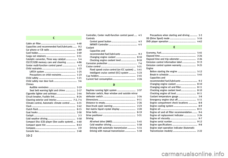INFINITI G 2012  Owners Manual Black plate (480,1)
[ Edit: 2012/ 1/ 17 Model: V36-D ]
10-2
C
Cabin air filter...
................................................... 4-40
Capacities and recommended fuel/lubricants ...
...... 9-2
Car