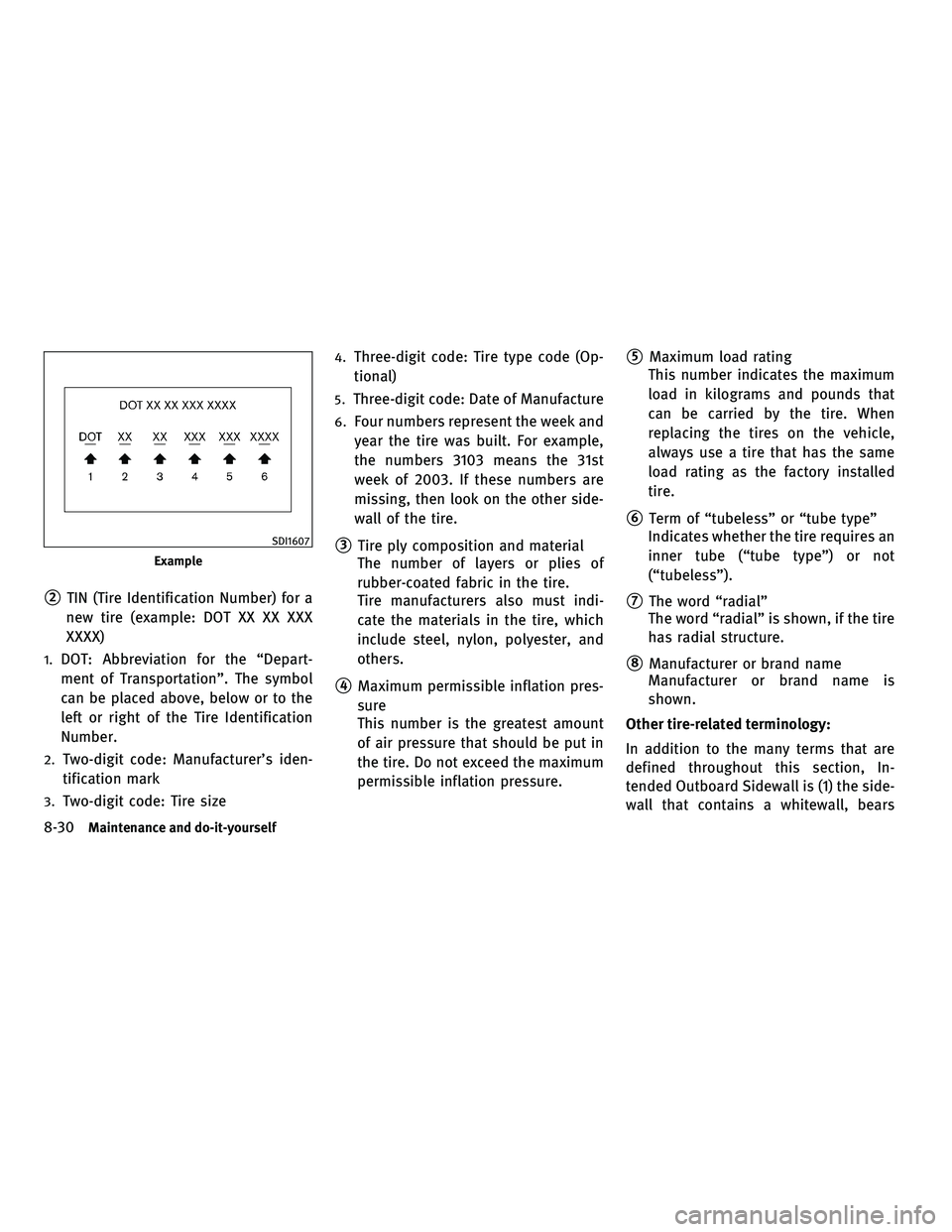 INFINITI G-CONVERTIBLE 2010  Owners Manual 2TIN (Tire Identification Number) for a
new tire (example: DOT XX XX XXX
XXXX)
1.DOT: Abbreviation for the “Depart-
ment of Transportation”. The symbol
can be placed above, below or to the
left o