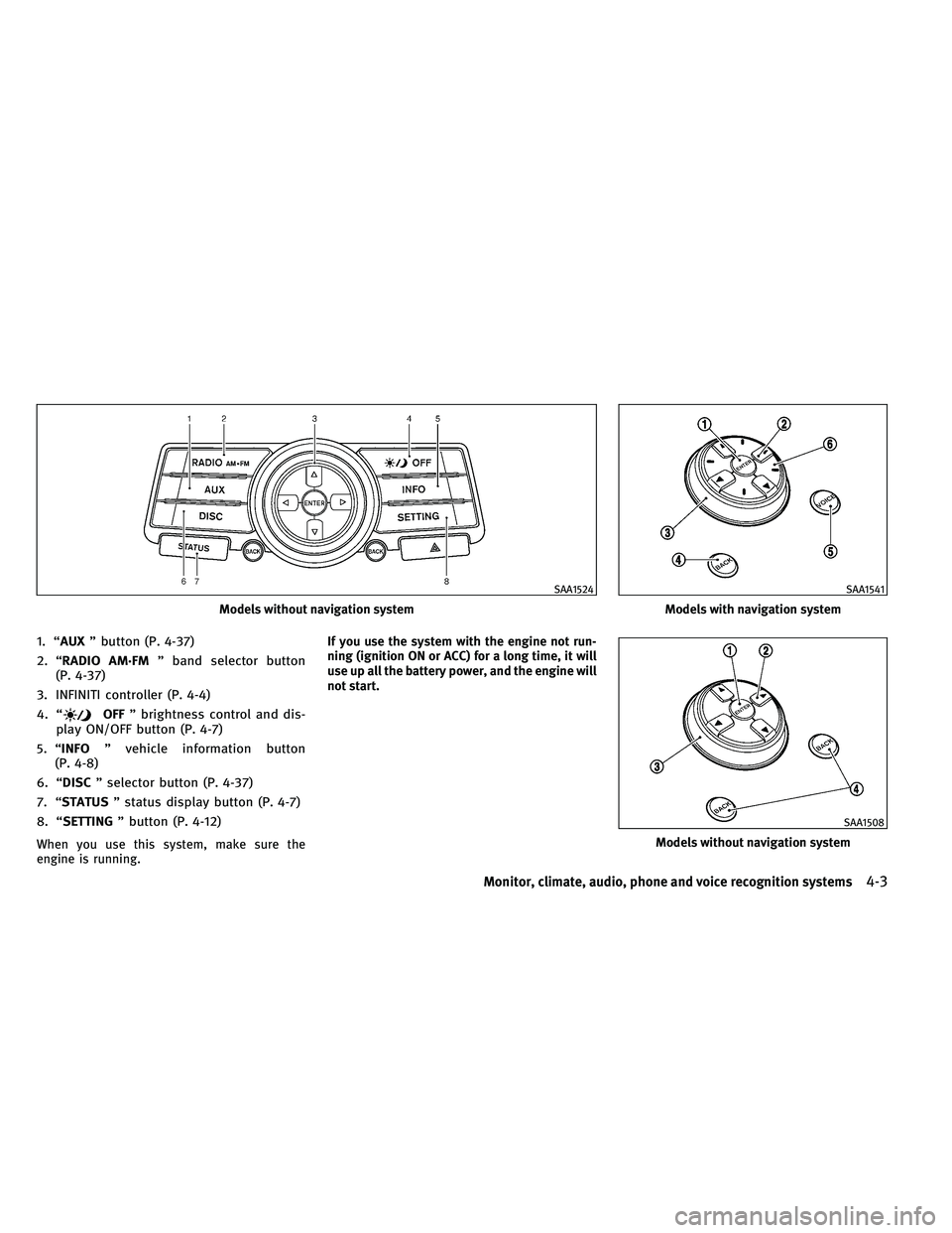 INFINITI G-CONVERTIBLE 2011 User Guide 1. “AUX” button (P. 4-37)
2. “RADIO AM·FM ” band selector button
(P. 4-37)
3. INFINITI controller (P. 4-4)
4. “
OFF ” brightness control and dis-
play ON/OFF button (P. 4-7)
5. “INFO 