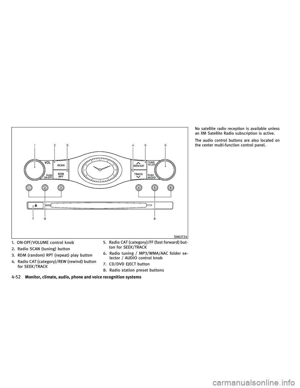 INFINITI G-CONVERTIBLE 2011 User Guide 1. ON·OFF/VOLUME control knob
2. Radio SCAN (tuning) button
3. RDM (random) RPT (repeat) play button
4. Radio CAT (category)/REW (rewind) buttonfor SEEK/TRACK 5. Radio CAT (category)/FF (fast forward