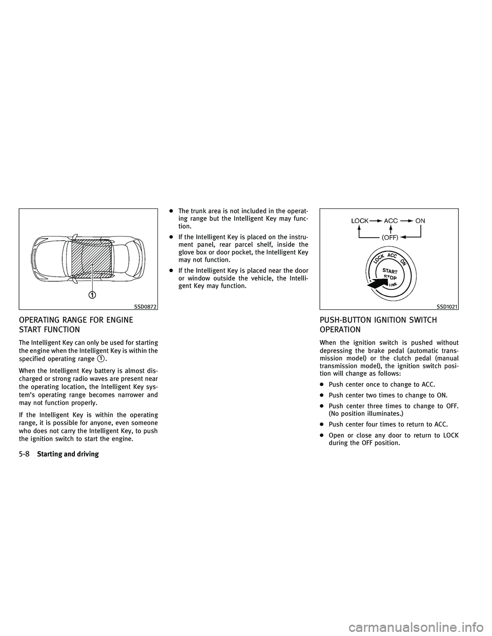 INFINITI G-CONVERTIBLE 2011 Repair Manual OPERATING RANGE FOR ENGINE
START FUNCTION
The Intelligent Key can only be used for starting
the engine when the Intelligent Key is within the
specified operating range
1.
When the Intelligent Key bat