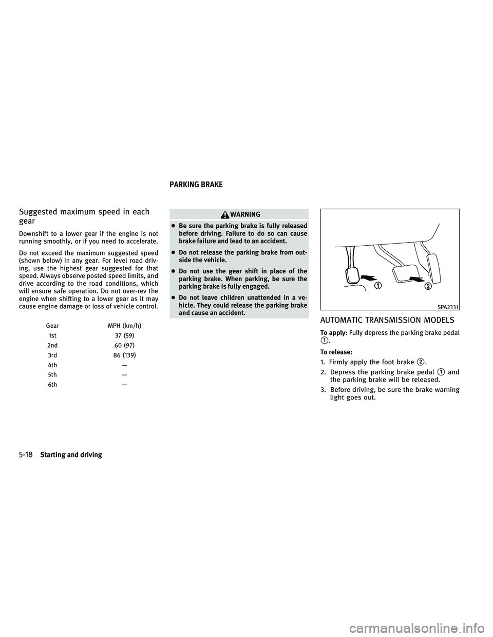 INFINITI G-CONVERTIBLE 2011 Repair Manual Suggested maximum speed in each
gear
Downshift to a lower gear if the engine is not
running smoothly, or if you need to accelerate.
Do not exceed the maximum suggested speed
(shown below) in any gear.