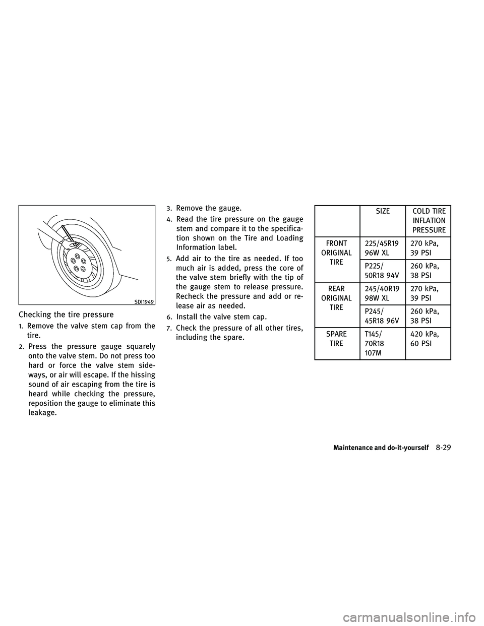 INFINITI G-CONVERTIBLE 2011  Owners Manual Checking the tire pressure
1.Remove the valve stem cap from the
tire.
2.Press the pressure gauge squarely
onto the valve stem. Do not press too
hard or force the valve stem side-
ways, or air will esc