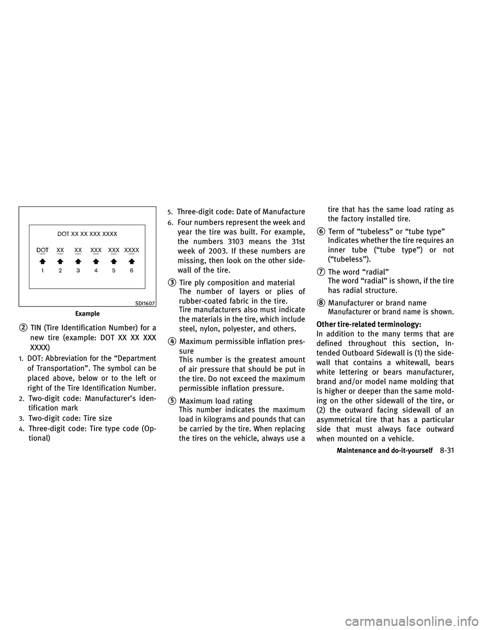INFINITI G-CONVERTIBLE 2011  Owners Manual 2TIN (Tire Identification Number) for a
new tire (example: DOT XX XX XXX
XXXX)
1.DOT: Abbreviation for the “Department
of Transportation”. The symbol can be
placed above, below or to the left or

