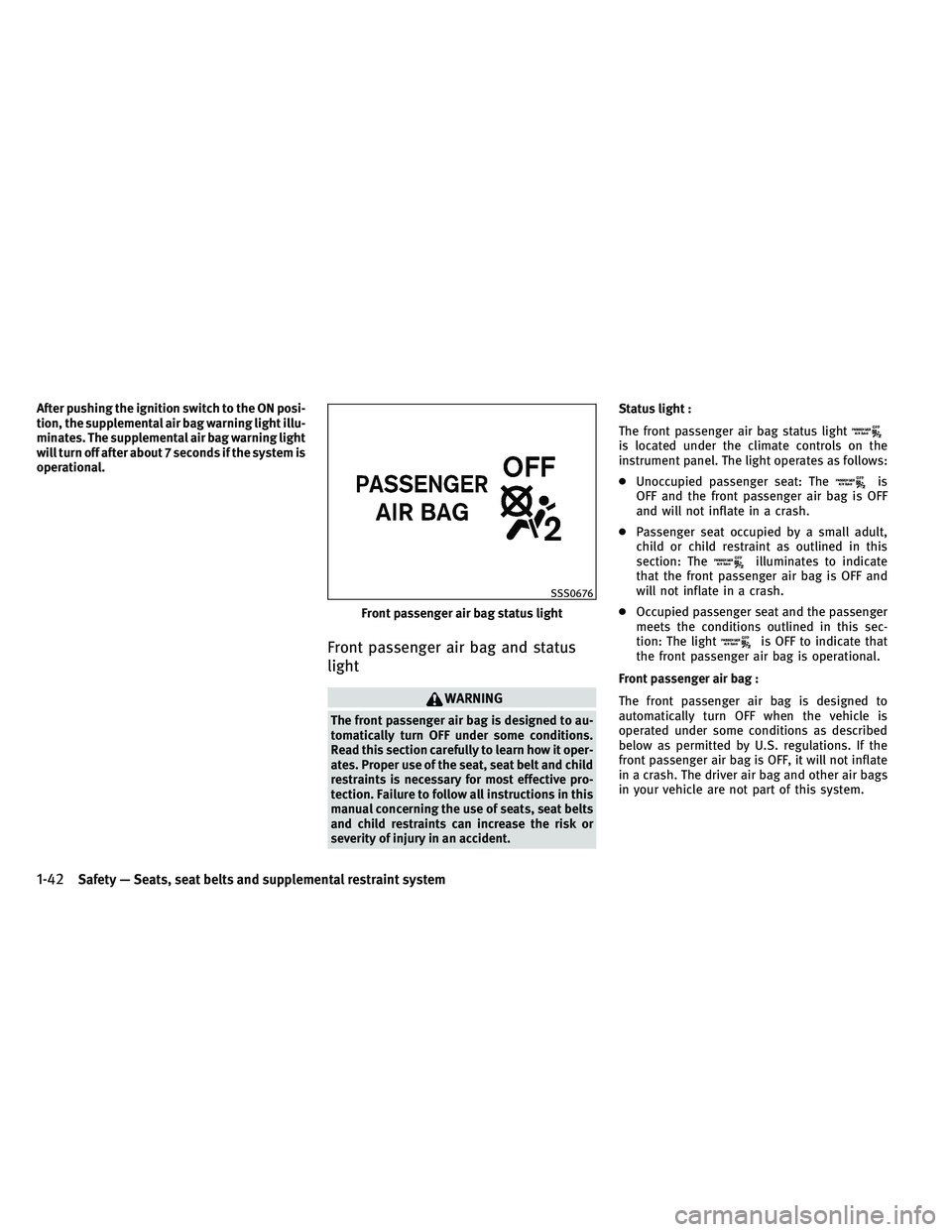 INFINITI G-CONVERTIBLE 2011 Repair Manual After pushing the ignition switch to the ON posi-
tion, the supplemental air bag warning light illu-
minates. The supplemental air bag warning light
will turn off after about 7 seconds if the system i