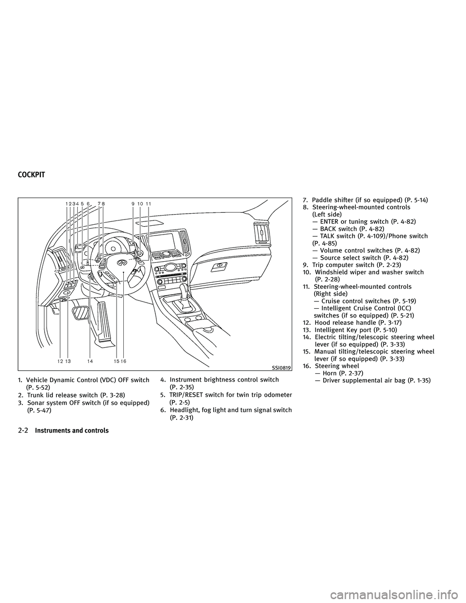 INFINITI G-CONVERTIBLE 2011 Manual PDF 1. Vehicle Dynamic Control (VDC) OFF switch(P. 5-52)
2. Trunk lid release switch (P. 3-28)
3. Sonar system OFF switch (if so equipped) (P. 5-47) 4. Instrument brightness control switch
(P. 2-35)
5. TR