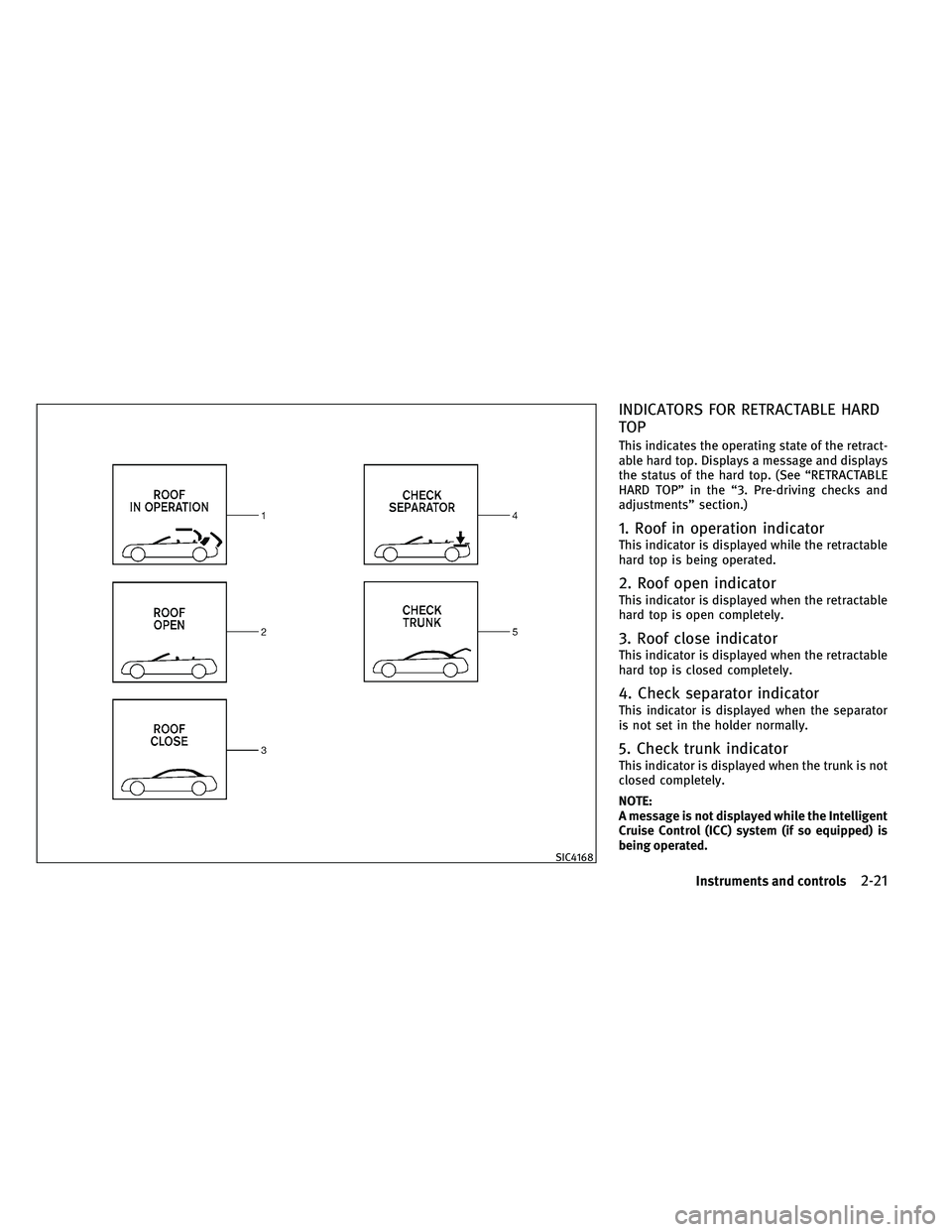 INFINITI G-CONVERTIBLE 2011  Owners Manual INDICATORS FOR RETRACTABLE HARD
TOP
This indicates the operating state of the retract-
able hard top. Displays a message and displays
the status of the hard top. (See “RETRACTABLE
HARD TOP” in the