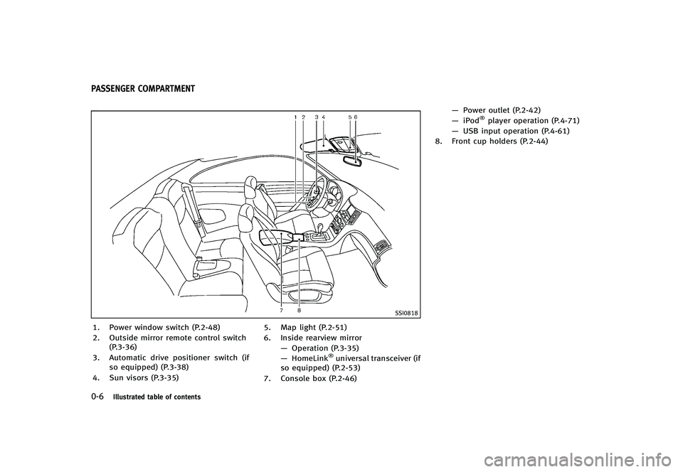 INFINITI G-CONVERTIBLE 2012 User Guide 0-6Illustrated table of contents
GUID-93FC41A6-F022-4027-BBCE-C8E141038627
SSI0818
1. Power window switch (P.2-48)
2. Outside mirror remote control switch(P.3-36)
3. Automatic drive positioner switch INFINITI G-CONVERTIBLE 2012 User Guide 0-6Illustrated table of contents
GUID-93FC41A6-F022-4027-BBCE-C8E141038627
SSI0818
1. Power window switch (P.2-48)
2. Outside mirror remote control switch(P.3-36)
3. Automatic drive positioner switch