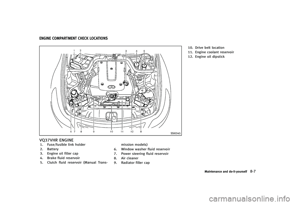 INFINITI G-CONVERTIBLE 2012  Owners Manual GUID-525850E4-370C-413C-8AEB-A266E40A1898
SSI0345
VQ37VHR ENGINEGUID-A979648E-87A1-4FAB-A735-8E8F3227852A1. Fuse/fusible link holder
2. Battery
3. Engine oil filler cap
4. Brake fluid reservoir
5. Clu