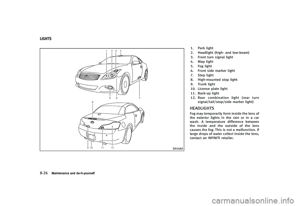INFINITI G-CONVERTIBLE 2012 Owners Manual 8-26Maintenance and do-it-yourself
GUID-665EF07E-CA6A-4029-AF72-186775404E12
SDI2689
1. Park light
2. Headlight (high- and low-beam)
3. Front turn signal light
4. Map light
5. Fog light
6. Front side INFINITI G-CONVERTIBLE 2012 Owners Manual 8-26Maintenance and do-it-yourself
GUID-665EF07E-CA6A-4029-AF72-186775404E12
SDI2689
1. Park light
2. Headlight (high- and low-beam)
3. Front turn signal light
4. Map light
5. Fog light
6. Front side