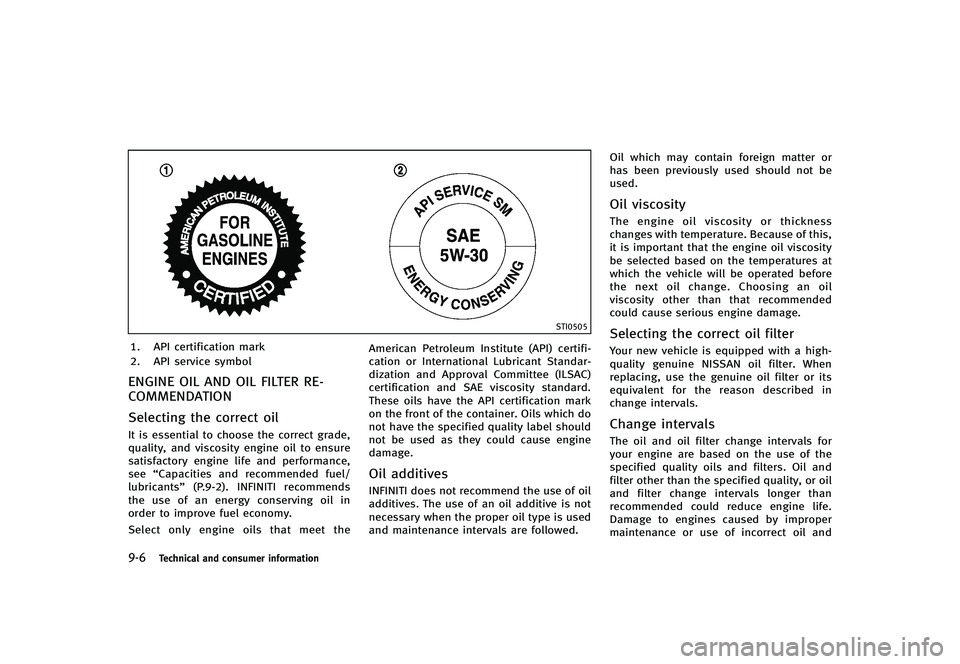 INFINITI G-CONVERTIBLE 2012 Owners Manual 9-6Technical and consumer information
STI0505
1. API certification mark
2. API service symbol
ENGINE OIL AND OIL FILTER RE-
COMMENDATION
GUID-058FA41E-D16E-49C1-B0F1-1263C55FFFD2
Selecting the correct INFINITI G-CONVERTIBLE 2012 Owners Manual 9-6Technical and consumer information
STI0505
1. API certification mark
2. API service symbol
ENGINE OIL AND OIL FILTER RE-
COMMENDATION
GUID-058FA41E-D16E-49C1-B0F1-1263C55FFFD2
Selecting the correct