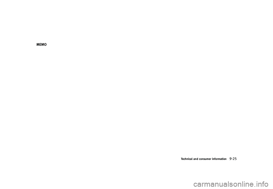 INFINITI G-CONVERTIBLE 2012 Owners Manual MEMO
Technical and consumer information9-25 INFINITI G-CONVERTIBLE 2012 Owners Manual MEMO
Technical and consumer information9-25