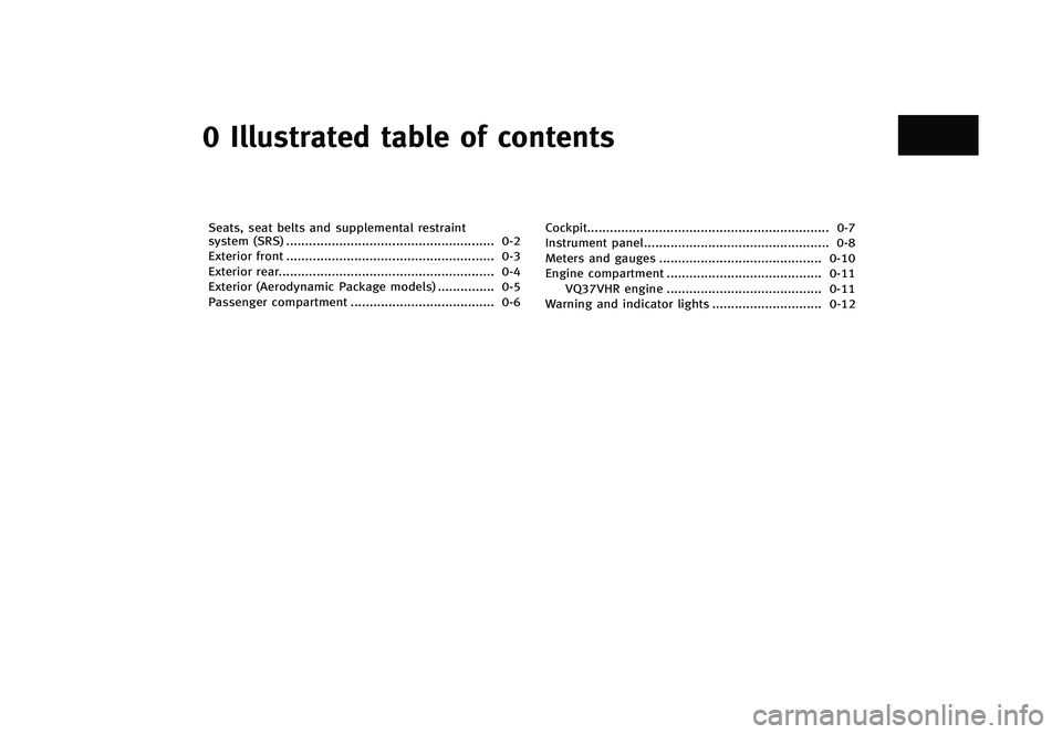 INFINITI G-CONVERTIBLE 2012  Owners Manual 0 Illustrated table of contents
Seats, seat belts and supplemental restraint
system (SRS)...
....................................................... 0-2
Exterior front ...
............................