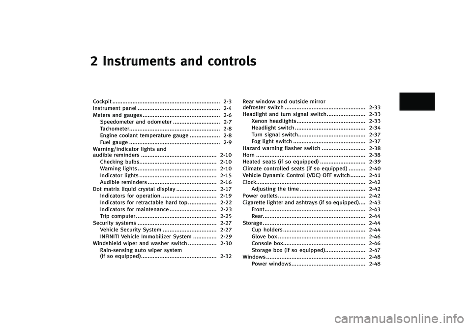 INFINITI G-CONVERTIBLE 2012  Owners Manual 2 Instruments and controls
Cockpit...
................................................................ 2-3
Instrument panel ...
................................................. 2-4
Meters and gauges 