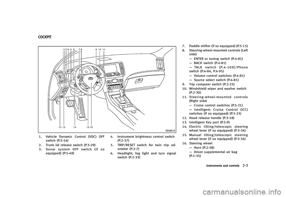 INFINITI G-CONVERTIBLE 2012 Manual PDF GUID-3D0B5C00-6F2B-4B4E-80B4-0BCB718F22F5
SSI0819
1. Vehicle Dynamic Control (VDC) OFFswitch (P.5-54)
2. Trunk lid release switch (P.3-29)
3. Sonar system OFF switch (if so
equipped) (P.5-49) 4. Instr INFINITI G-CONVERTIBLE 2012 Manual PDF GUID-3D0B5C00-6F2B-4B4E-80B4-0BCB718F22F5
SSI0819
1. Vehicle Dynamic Control (VDC) OFFswitch (P.5-54)
2. Trunk lid release switch (P.3-29)
3. Sonar system OFF switch (if so
equipped) (P.5-49) 4. Instr