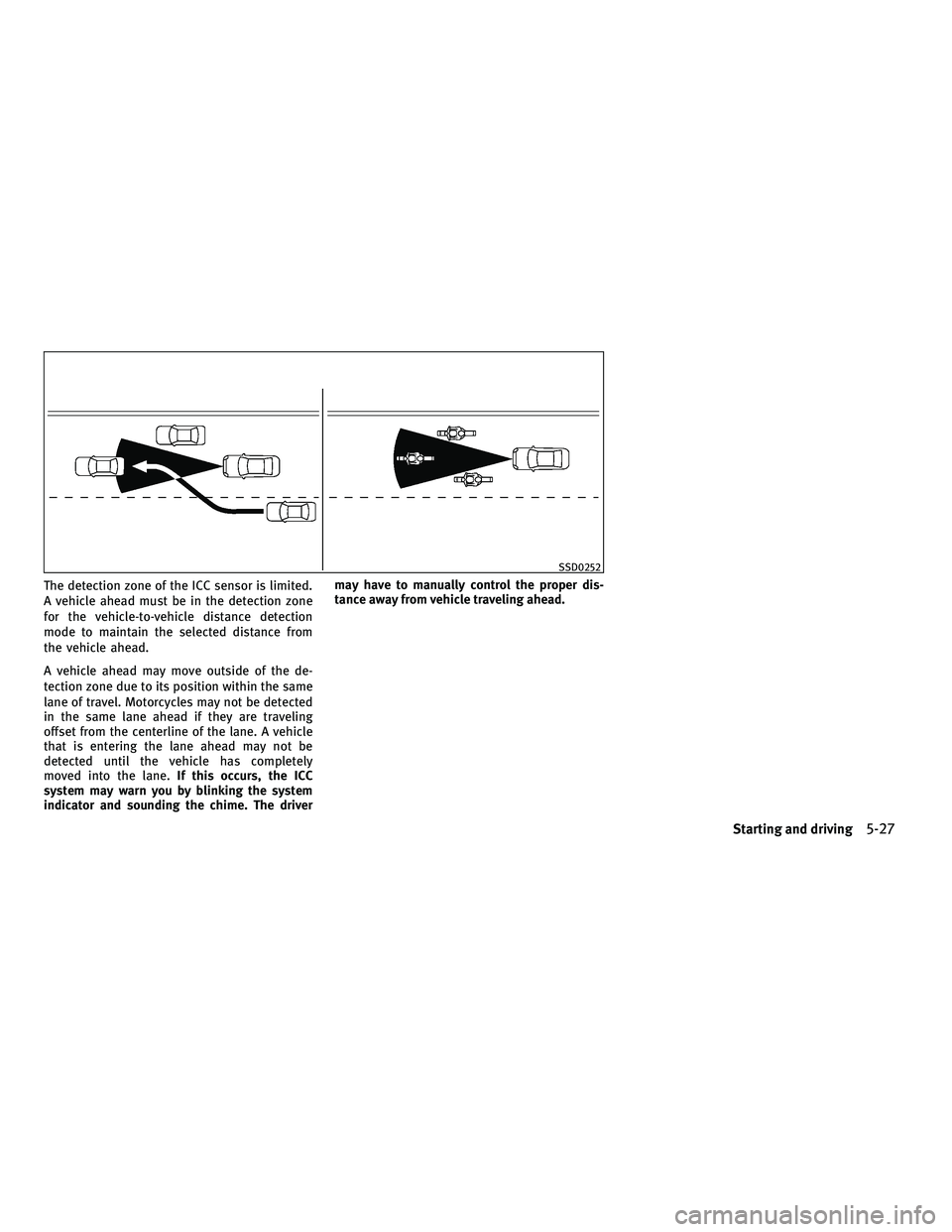 INFINITI G-COUPE 2010 Owners Manual The detection zone of the ICC sensor is limited.
A vehicle ahead must be in the detection zone
for the vehicle-to-vehicle distance detection
mode to maintain the selected distance from
the vehicle ahe
