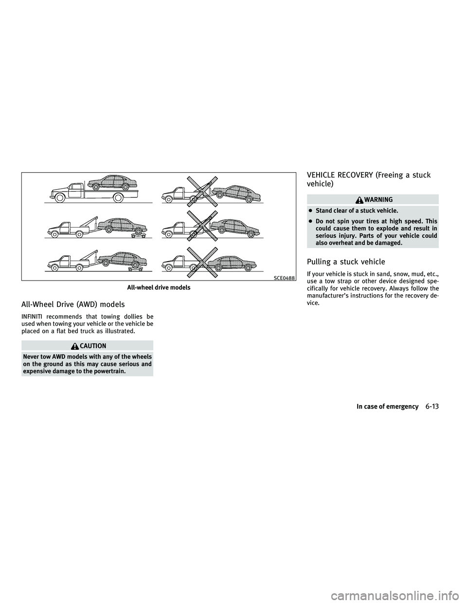 INFINITI G-COUPE 2010  Owners Manual All-Wheel Drive (AWD) models
INFINITI recommends that towing dollies be
used when towing your vehicle or the vehicle be
placed on a flat bed truck as illustrated.
CAUTION
Never tow AWD models with any
