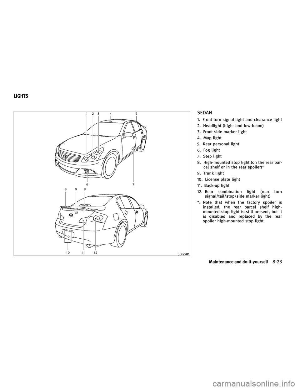 INFINITI G-COUPE 2010  Owners Manual SEDAN
1. Front turn signal light and clearance light
2. Headlight (high- and low-beam)
3. Front side marker light
4. Map light
5. Rear personal light
6. Fog light
7. Step light
8. High-mounted stop li