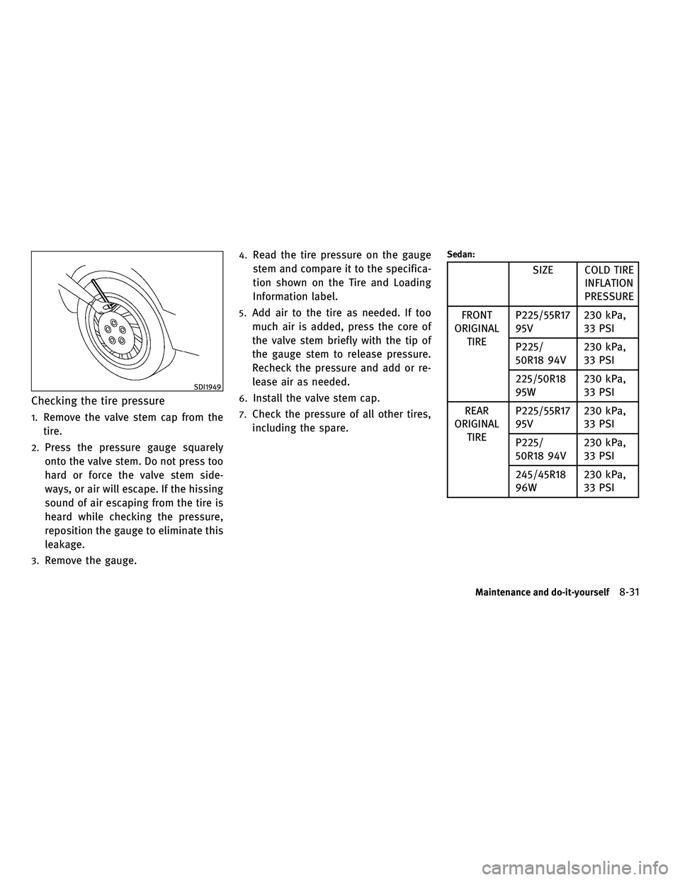 INFINITI G-COUPE 2010  Owners Manual Checking the tire pressure
1.Remove the valve stem cap from the
tire.
2.Press the pressure gauge squarely
onto the valve stem. Do not press too
hard or force the valve stem side-
ways, or air will esc